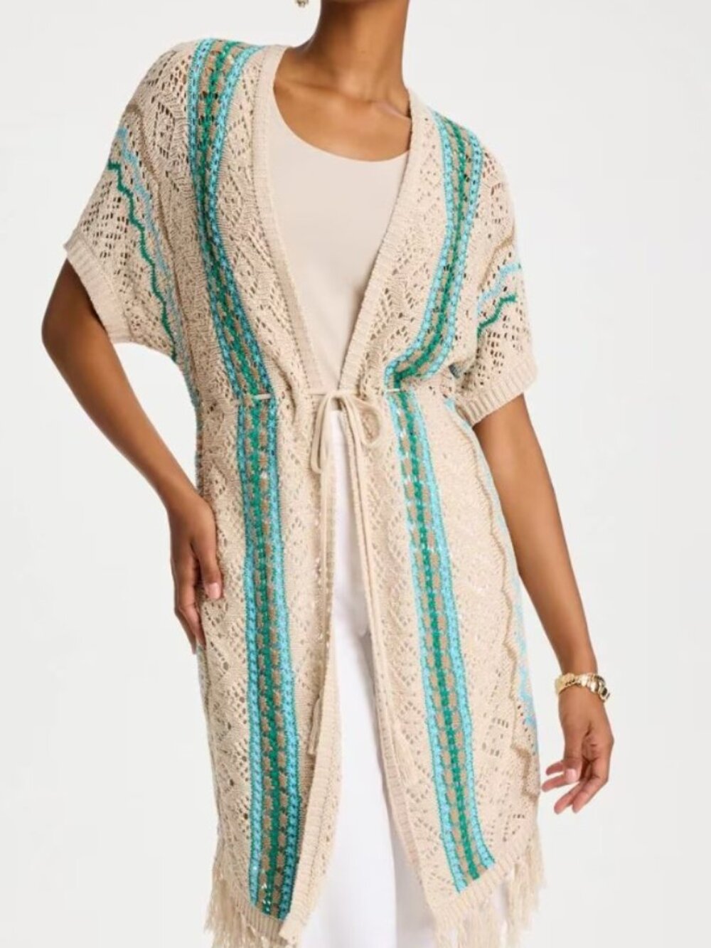 Chico's Teal Mix Fringe Detail Cardigan NTW Size M (Chico's 1)